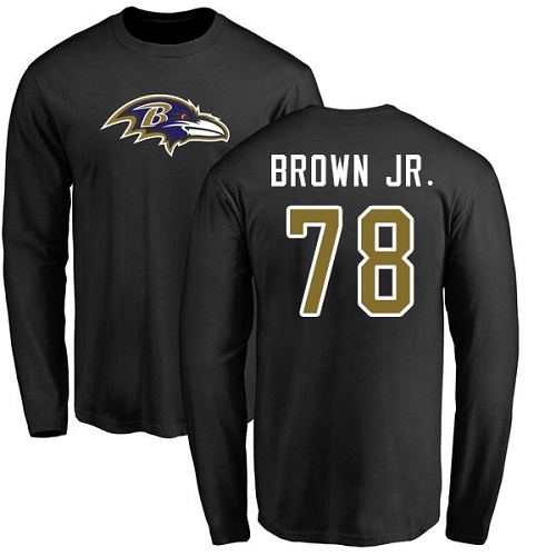 Men Baltimore Ravens Black Orlando Brown Jr. Name and Number Logo NFL Football #78 Long Sleeve T Shirt->nfl t-shirts->Sports Accessory
